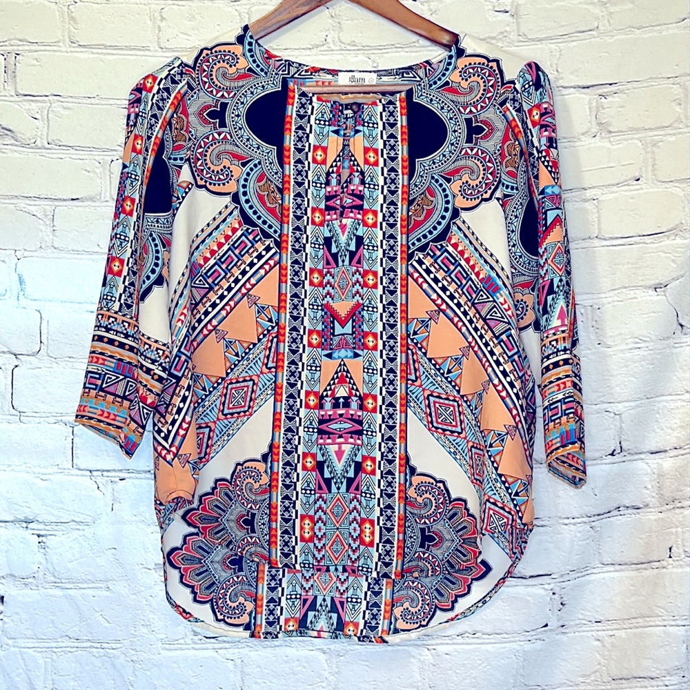Glam Blue Cream Orange Top Size Small Excellent Condition